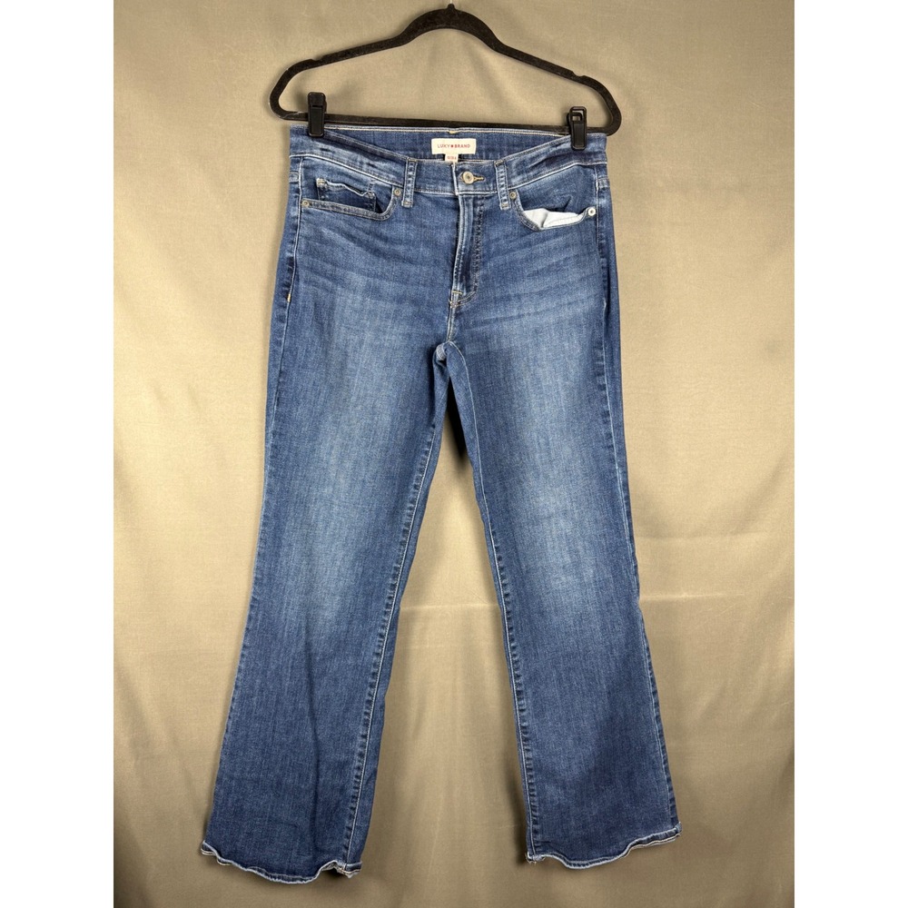 Lucky Brand Jeans Women 10/30 Blue Medium Wash Mid Rise Raw Hem Flare Stretch